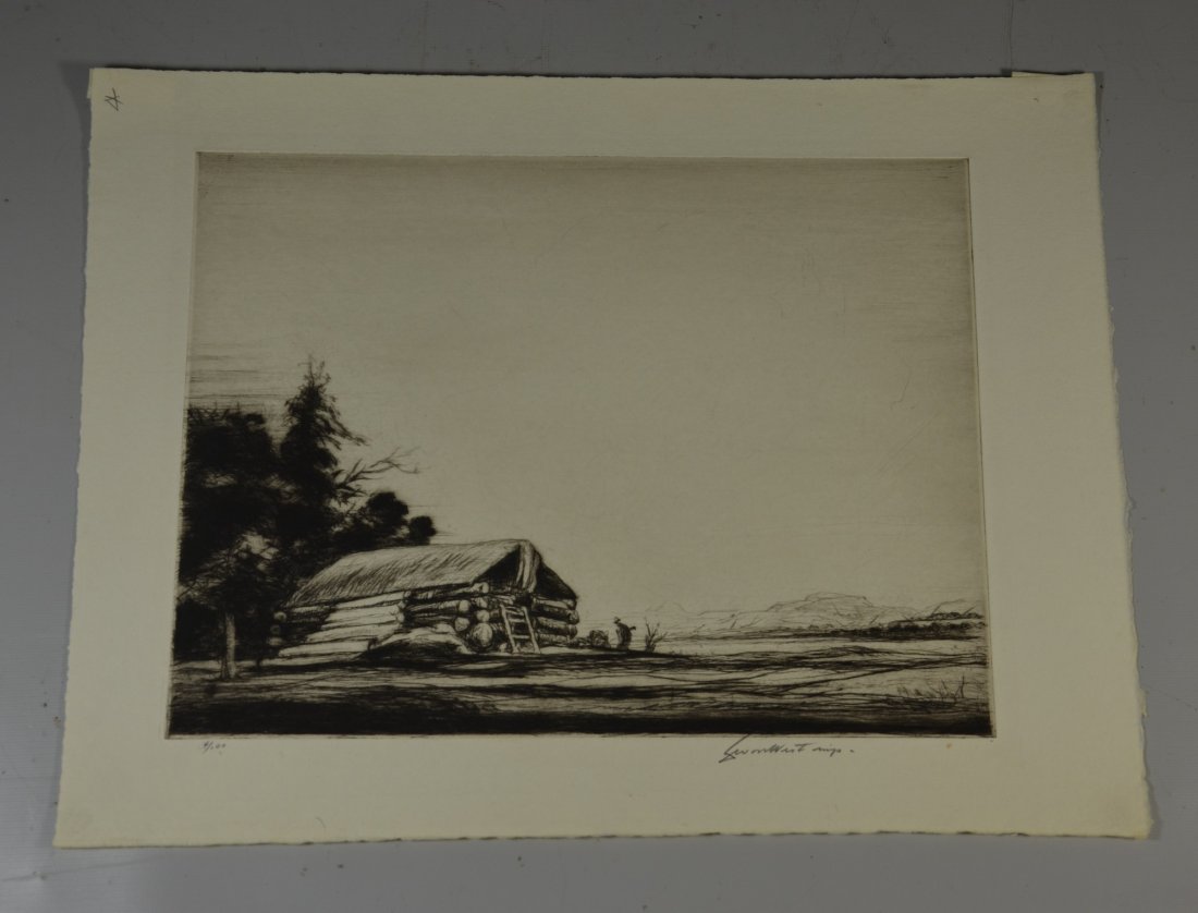 Levon West (American, 1900-1968), etching, Log Cabin, (1 of 2)