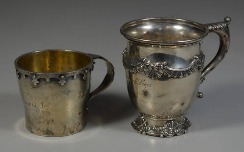 2 Sterling silver cups, to include: JE Caldwell Arts &: 2 Sterling silver cups, to include: JE Caldwell Arts & Crafts mug, 2-3/4" high, 5.18 TO; Bailey, Banks, & Biddle ornate cup, engraved: "John Frederick Lewis", base engraved "From his great aunt EWB 18