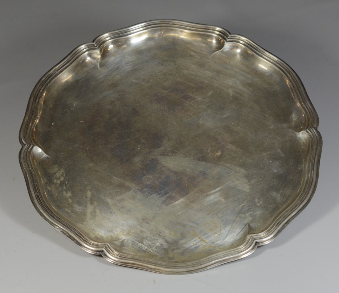 Continental silver scalloped serving tray, marked 830, (1 of 2)