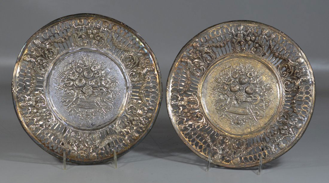 Pr Continental silver repousse plates with putti and (1 of 1)