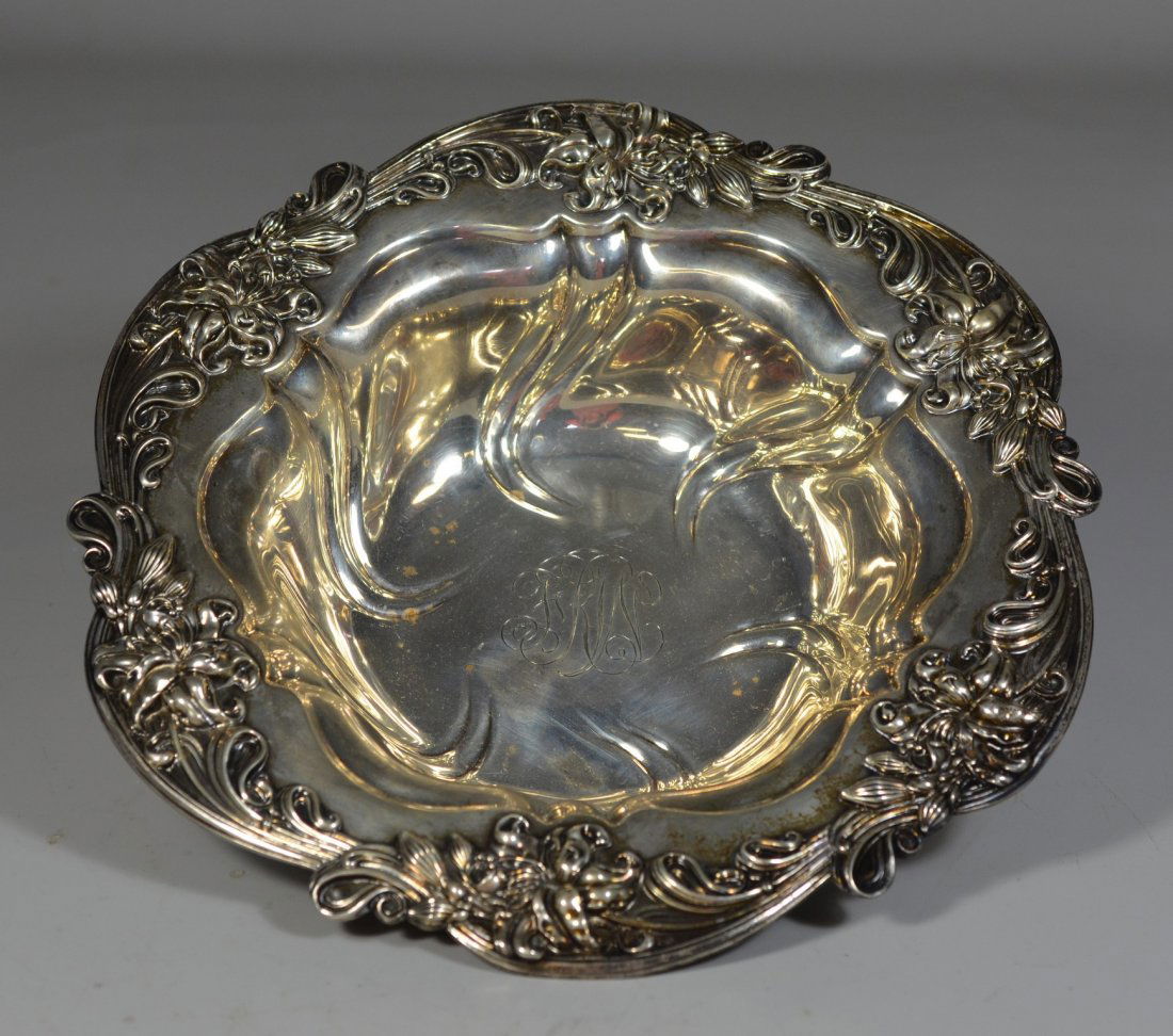 Round sterling silver bowl with a repousse lily (1 of 2)