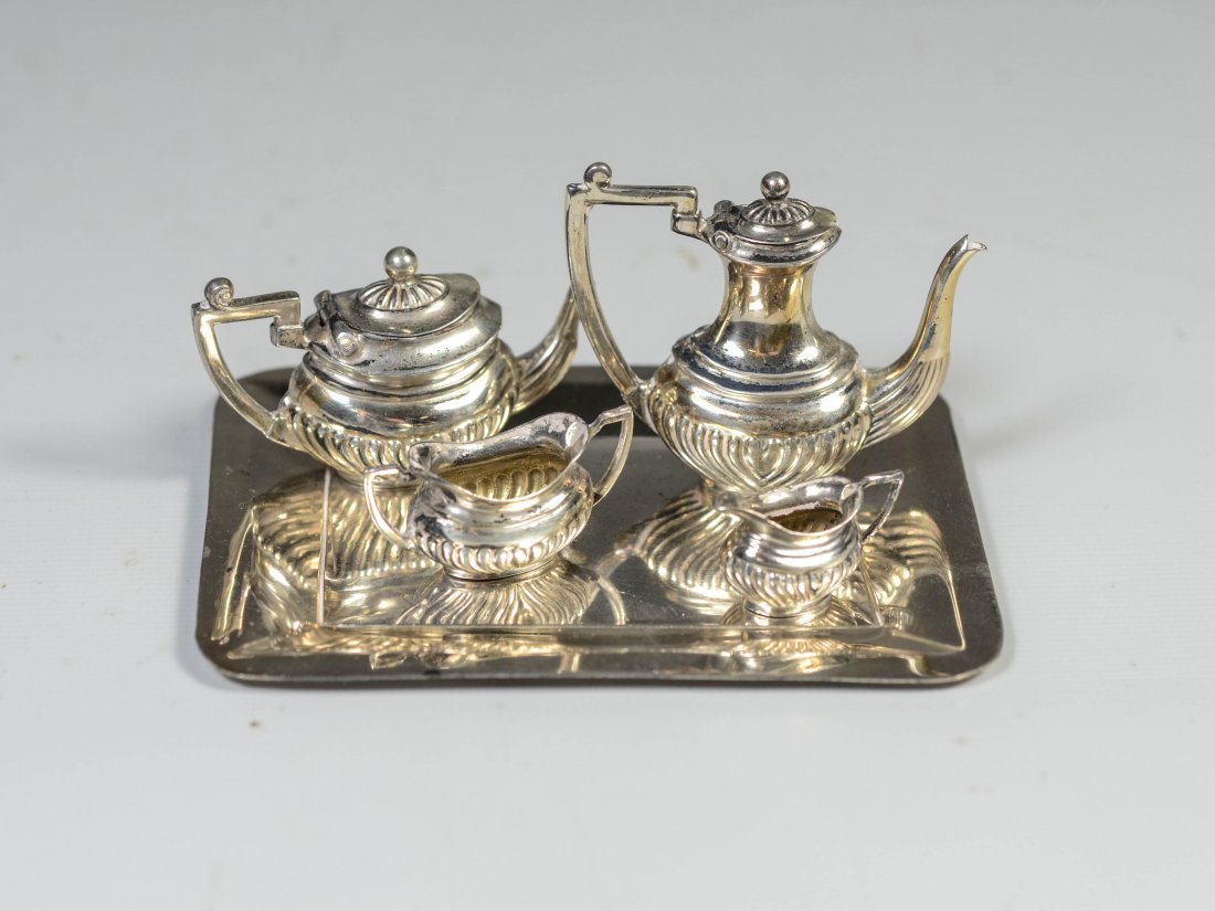(4) Piece miniature English hallmarked silver tea set, (1 of 1)
