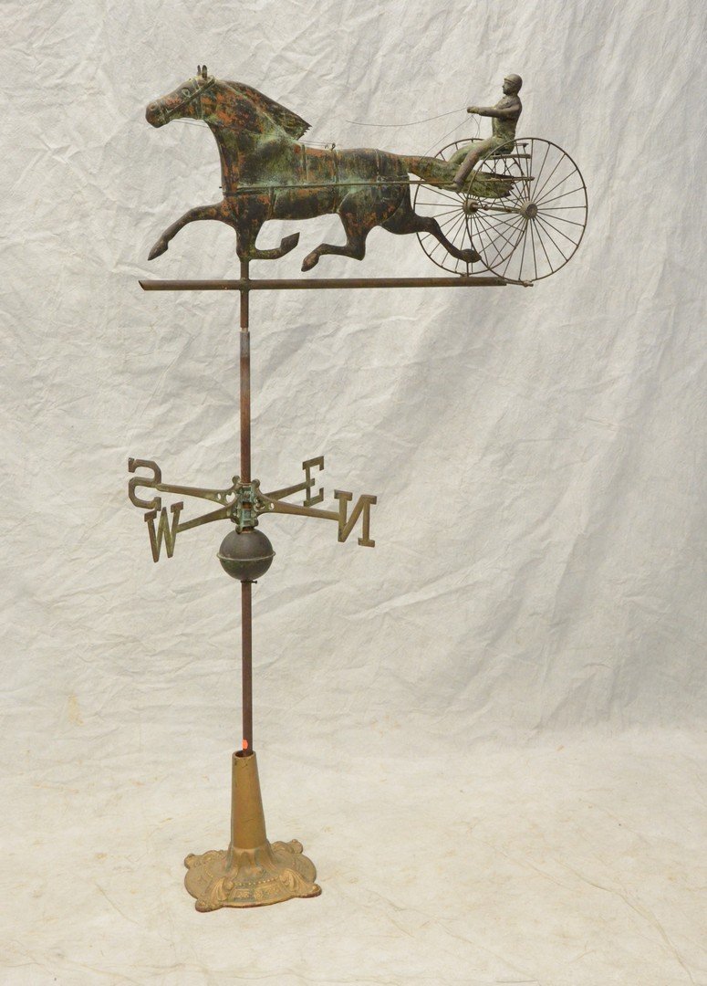 Copper horse and sulky weather vane, driver with cast (1 of 3)
