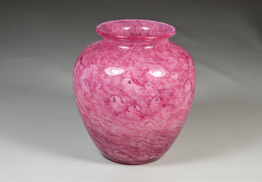 Signed Steuben cluthra rose colored vase, 6 1/2" high (1 of 2)