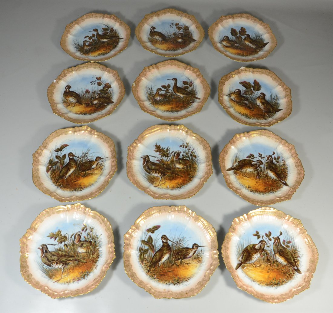 12 Limoges game plates, (3) with chips to rim, 9" (1 of 7)