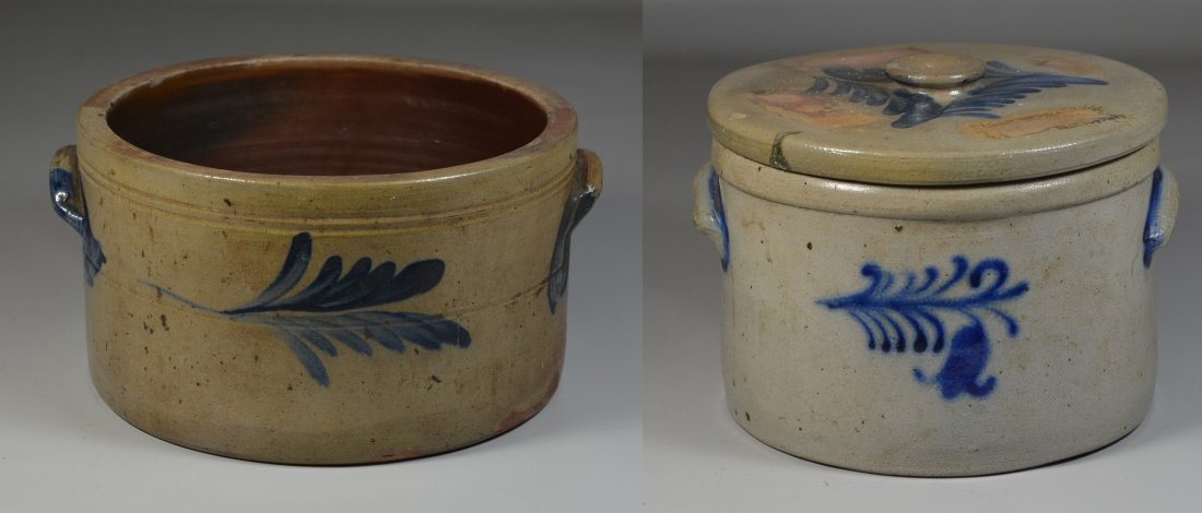 (2) blue decorated stoneware butter crocks, 1 with lid, (1 of 8)