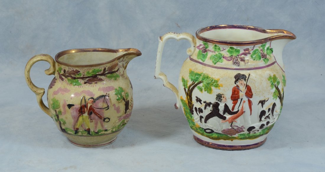 (2) English lustre decorated pitchers, hunt scenes, (1 of 10)