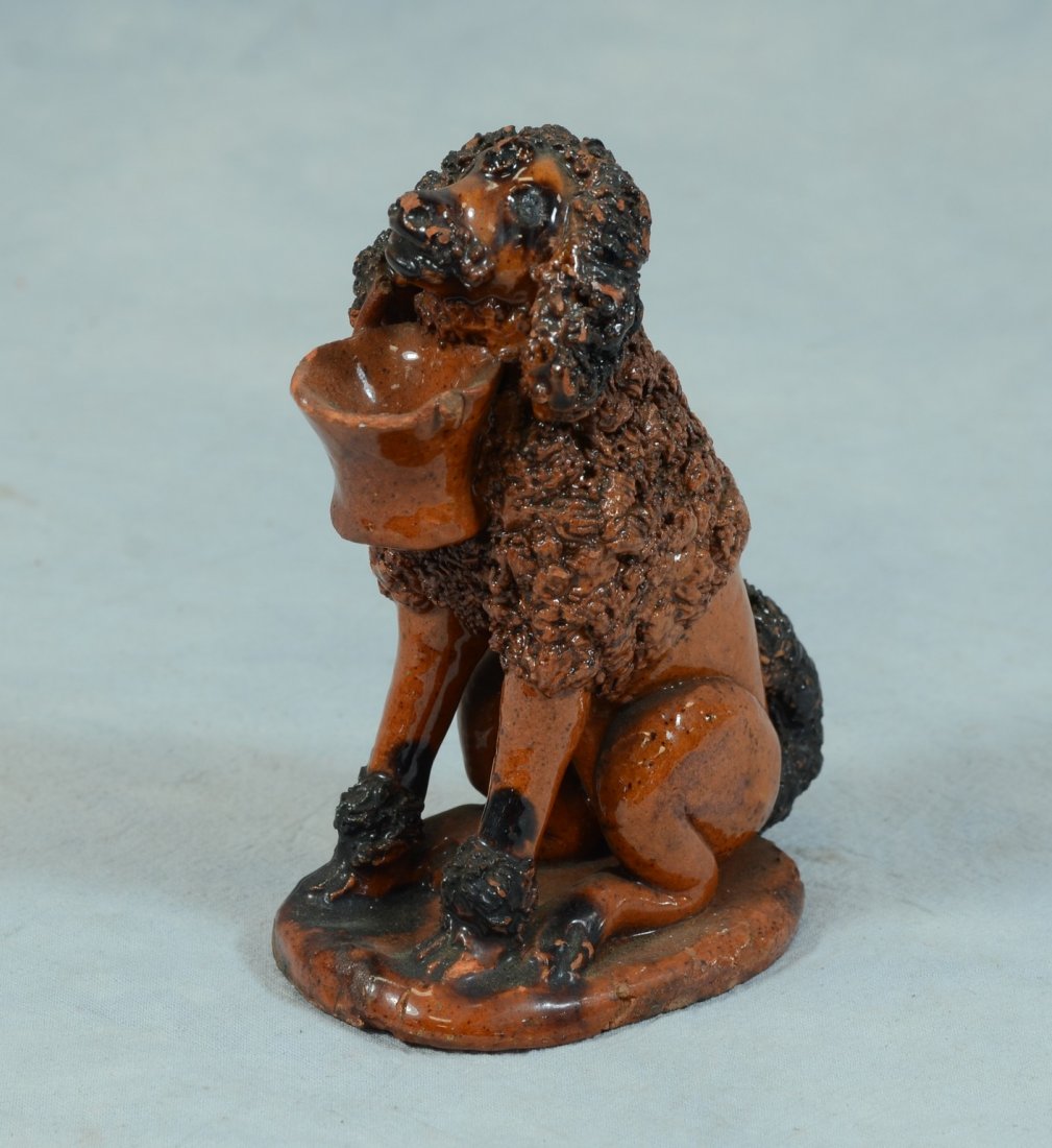 19th c PA redware seated dog with basket, 4-3/4" h, (1 of 10)