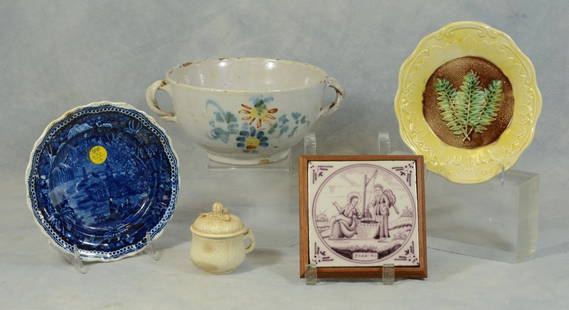 (5) Pieces of ceramics, including tin-glazed Faience: (5) Pieces of ceramics, including tin-glazed Faience double handled bowl, Delft biblical tile Joan:41, Majolica fern dish, English dark blue chinois plate (with crack), small pot de crme, largest 4-1/