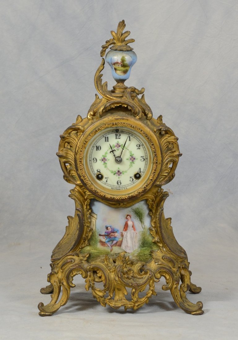 New Haven French style clock with porcelain panel (1 of 3)