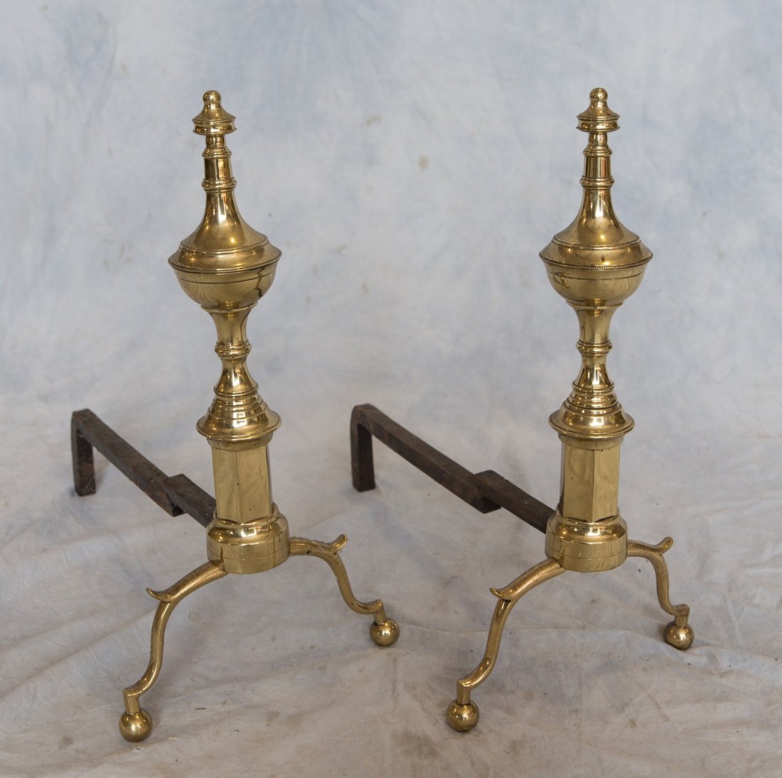 Pair of brass ball foot andirons with urn tops, double (1 of 3)