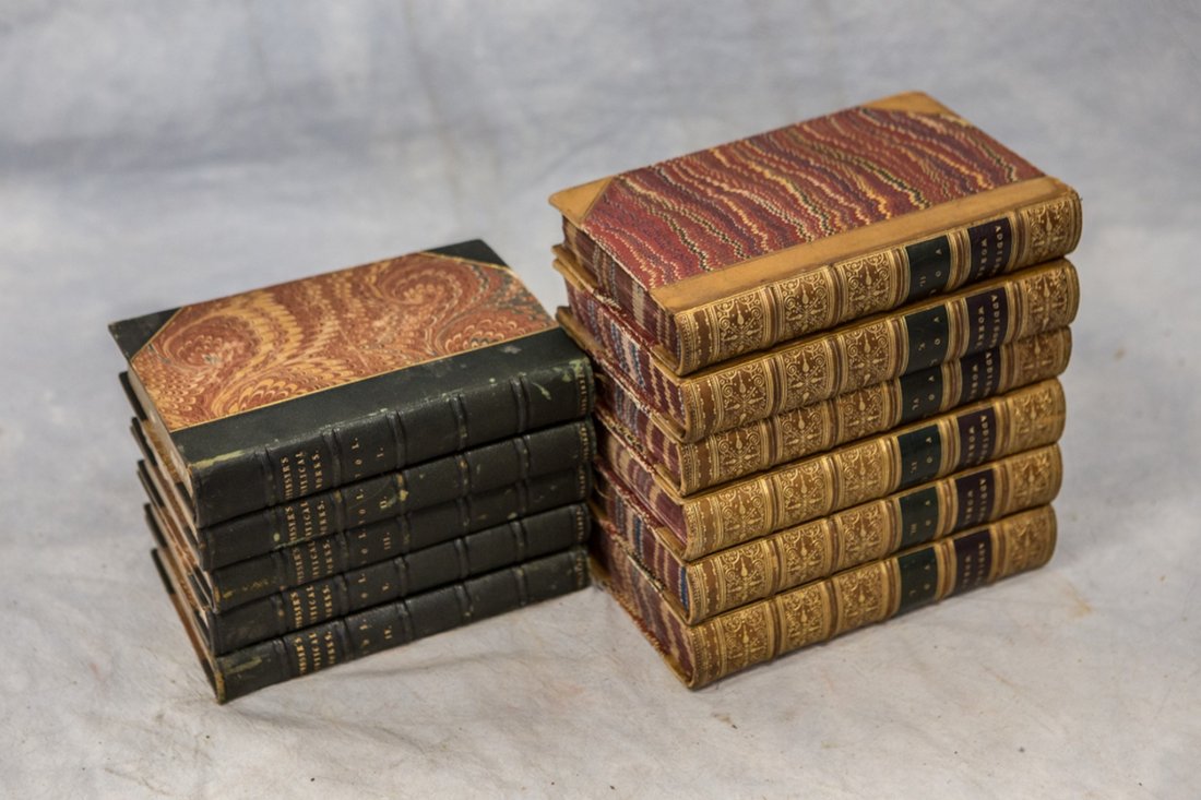 Addison, Joseph, Works, London, 1881, 6 Volumes, 3/4: Addison, Joseph, Works, London, 1881, 6 Volumes, 3/4 calf gilt; Spencer, Edmund, Works, London, 1839, puckering, 5 Volumes, 3/4 green morocco, book