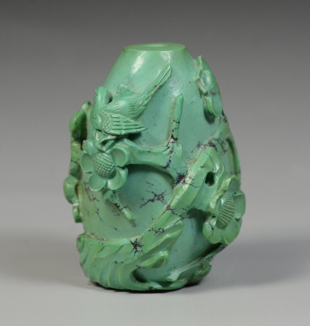 Chinese carved turquoise snuff bottle with bird and (1 of 5)