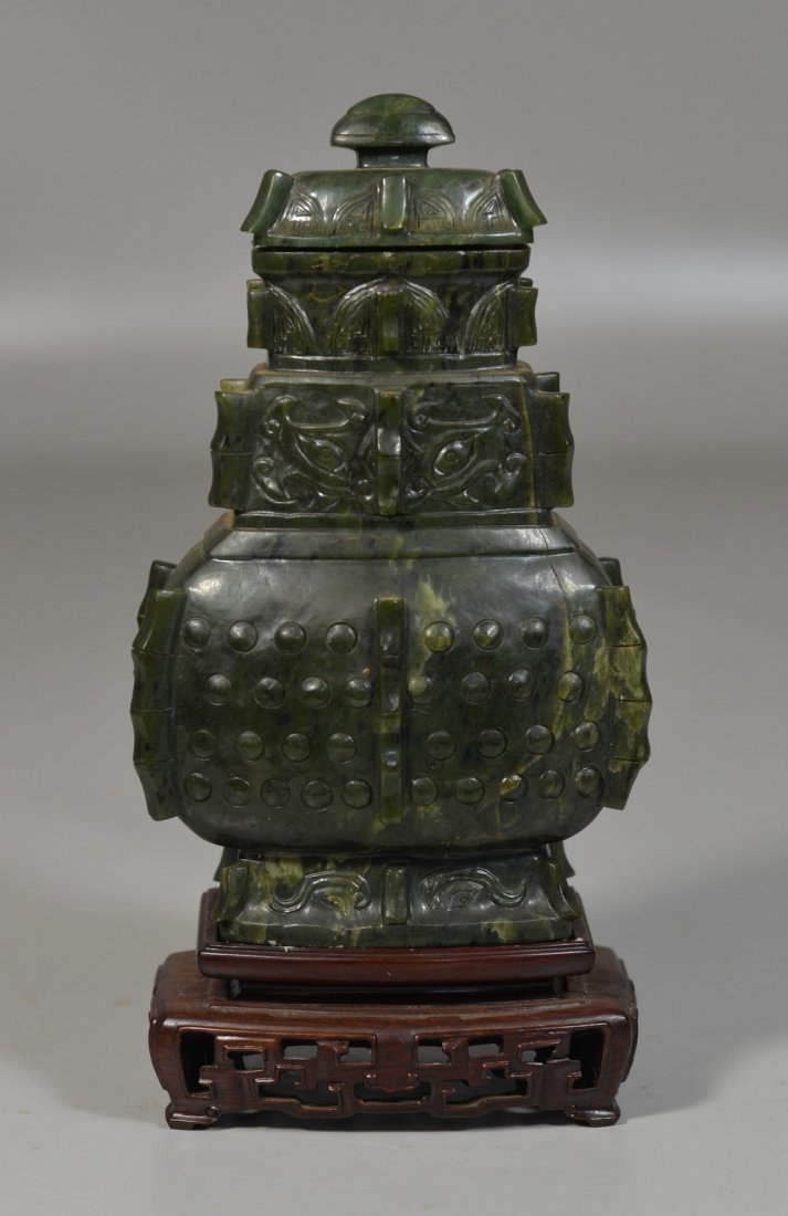 Chinese archaic style spinach jade covered vase and (1 of 4)