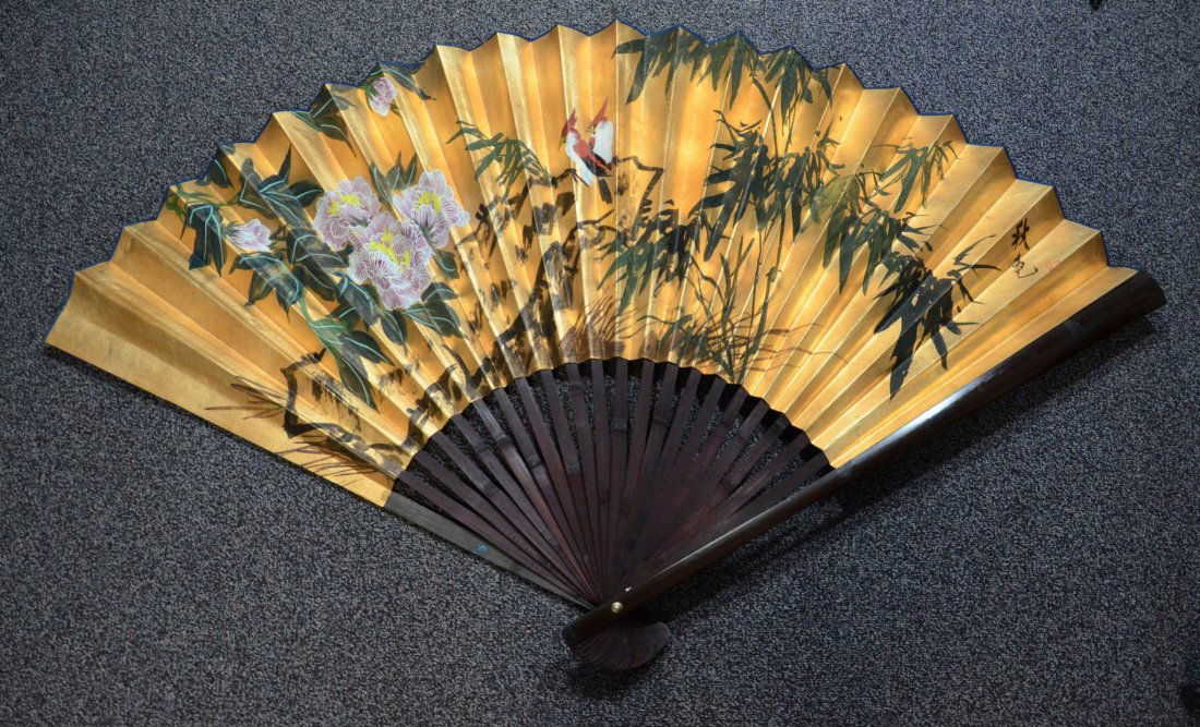 Large contemporary fan, gold leaf with bird and floral (1 of 3)