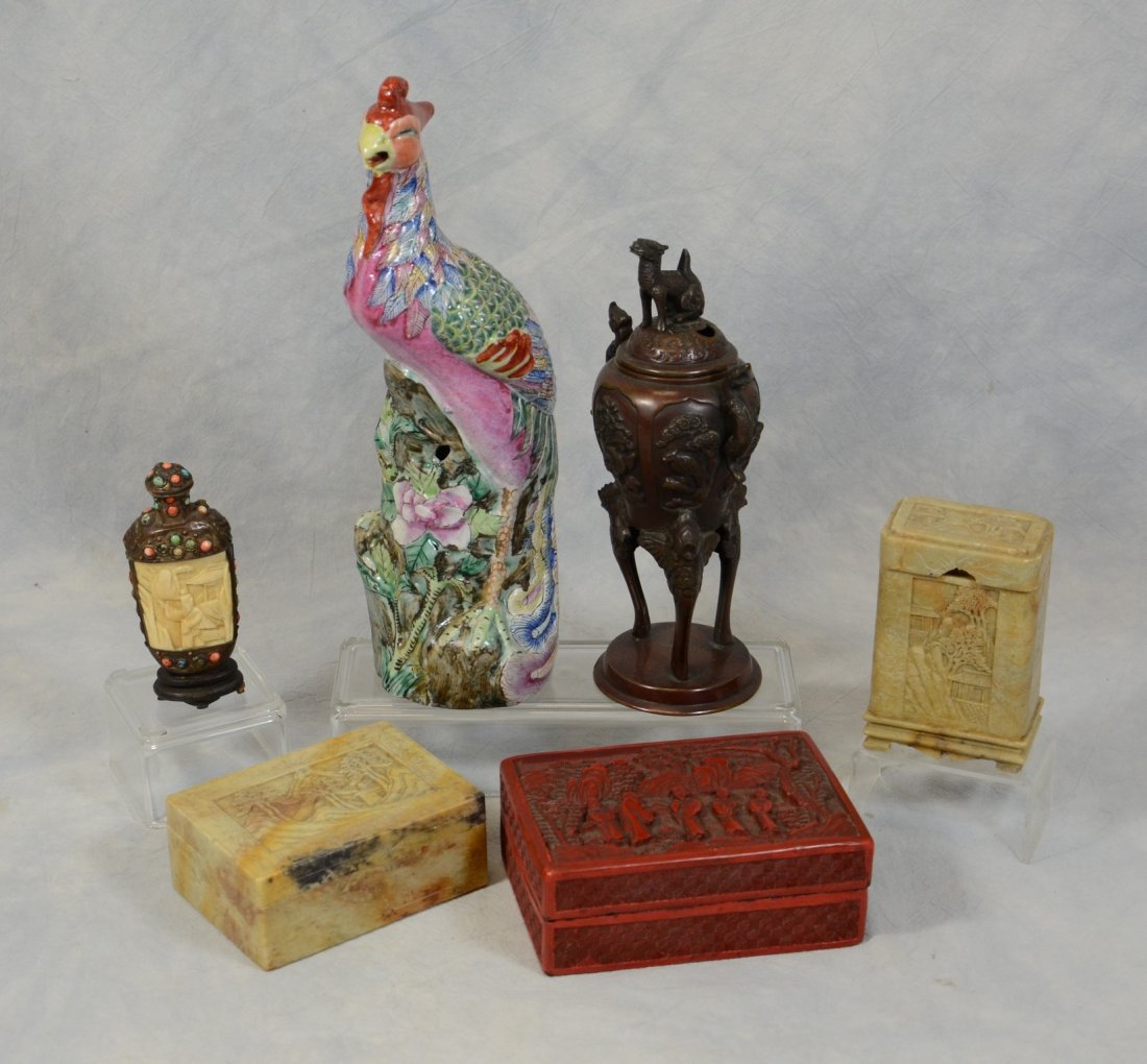 (6) Asian pieces, including Chinese porcelain feng hua: (6) Asian pieces, including Chinese porcelain feng hua 12" h (broken & repaired), 2 Chinese soapstone carved cigarette boxes (one with large chip to lid), Tibetan bone & stone inlaid snuff bottle (mis