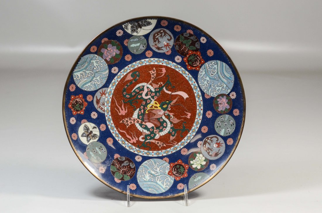Japanese cloisonne charger with gold stone dragon (1 of 2)