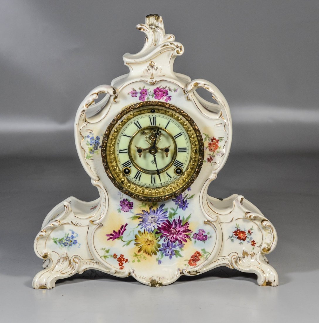Ansonia porcelain case mantle clock with floral (1 of 7)