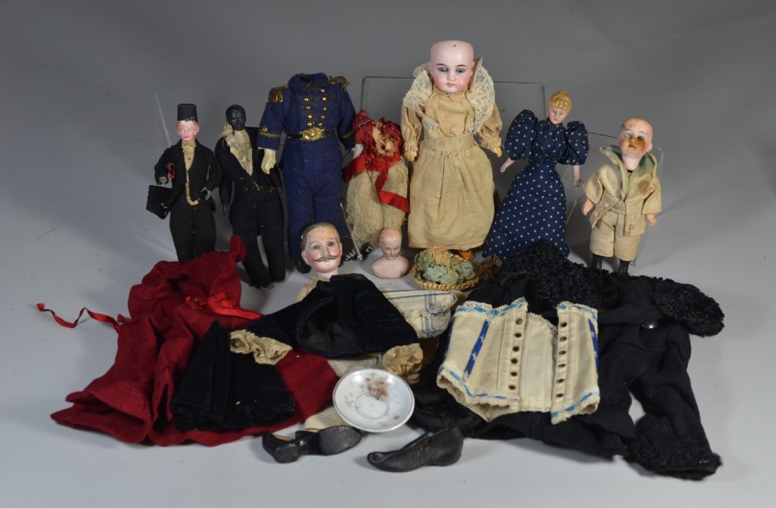 7 dolls, mostly bisque, with 2 composition dolls, in as (1 of 1)