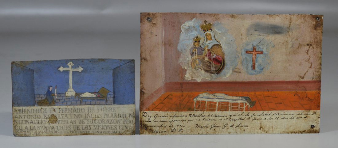 2 Mexican painted tin retablos or exvotive, one dated (1 of 3)