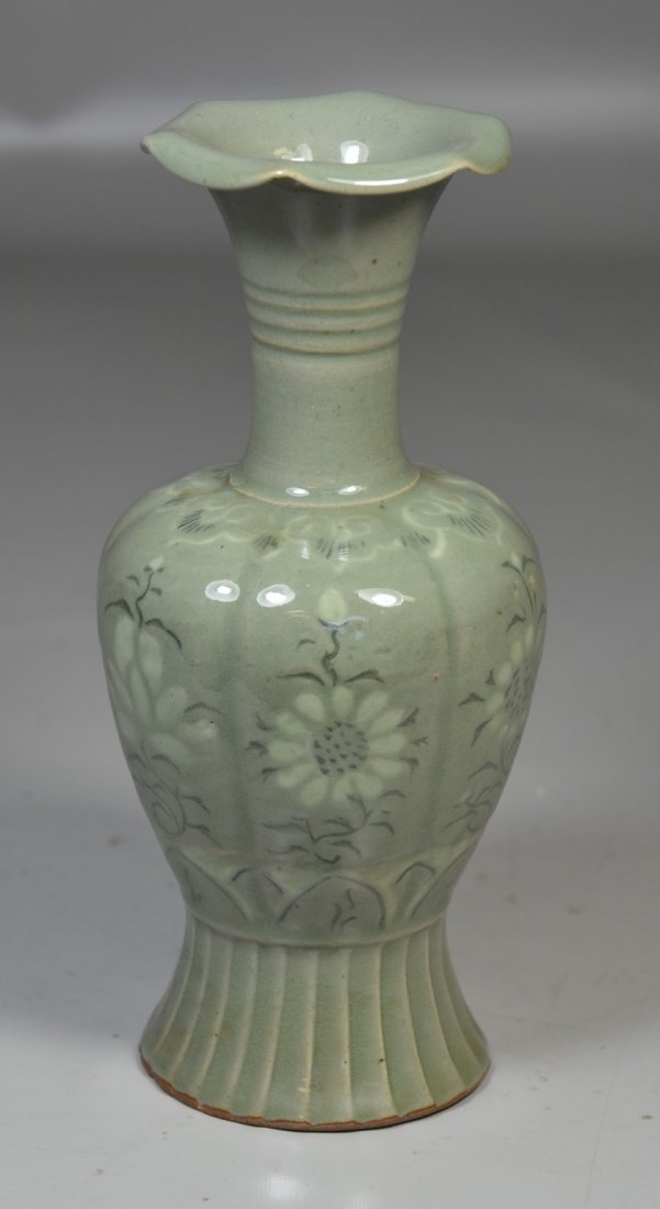 Korean celadon vase with fluted rim, bulbous body (1 of 5)