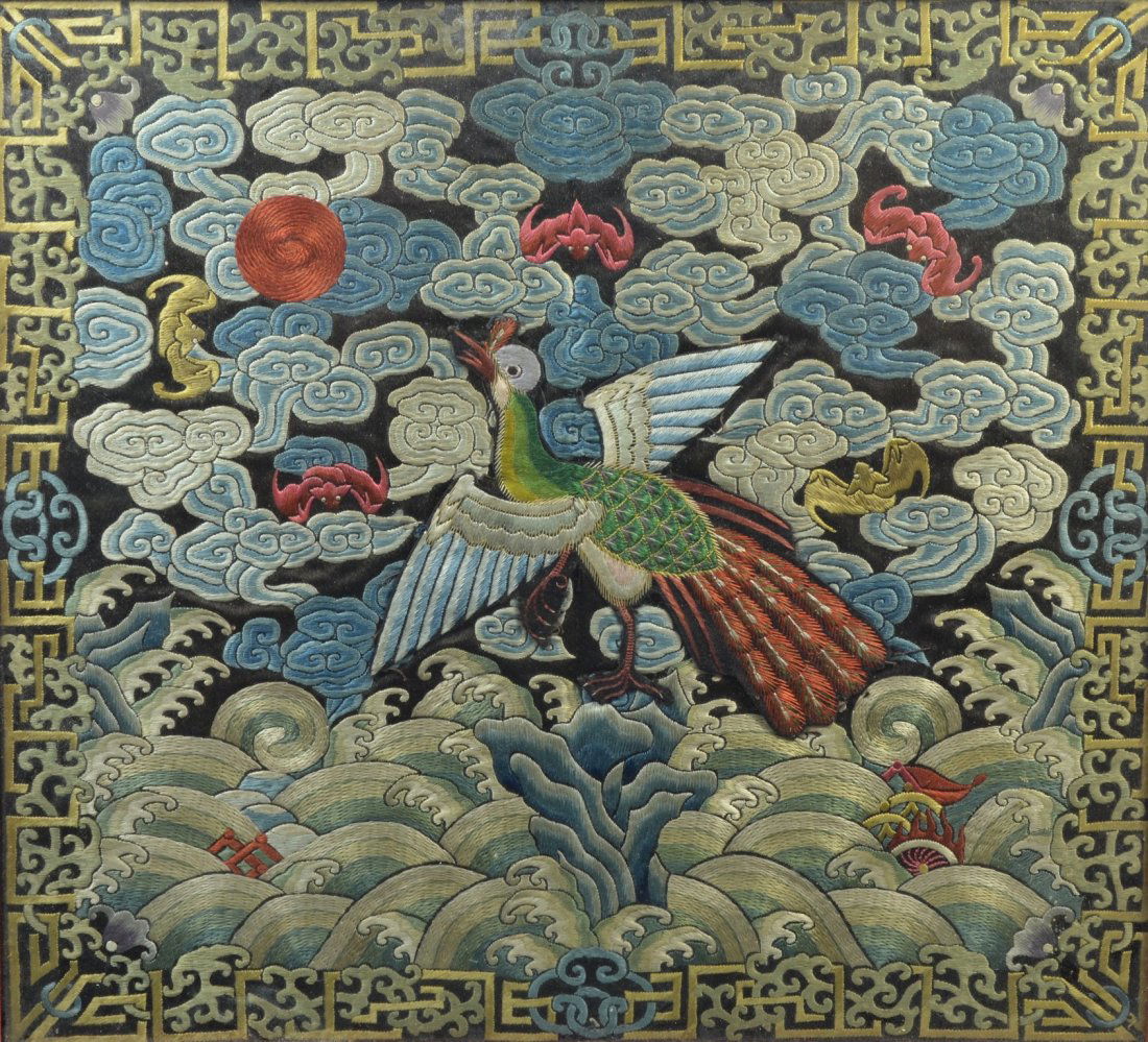 Framed Chinese embroidered rank badge, 10-1/2" x (1 of 2)