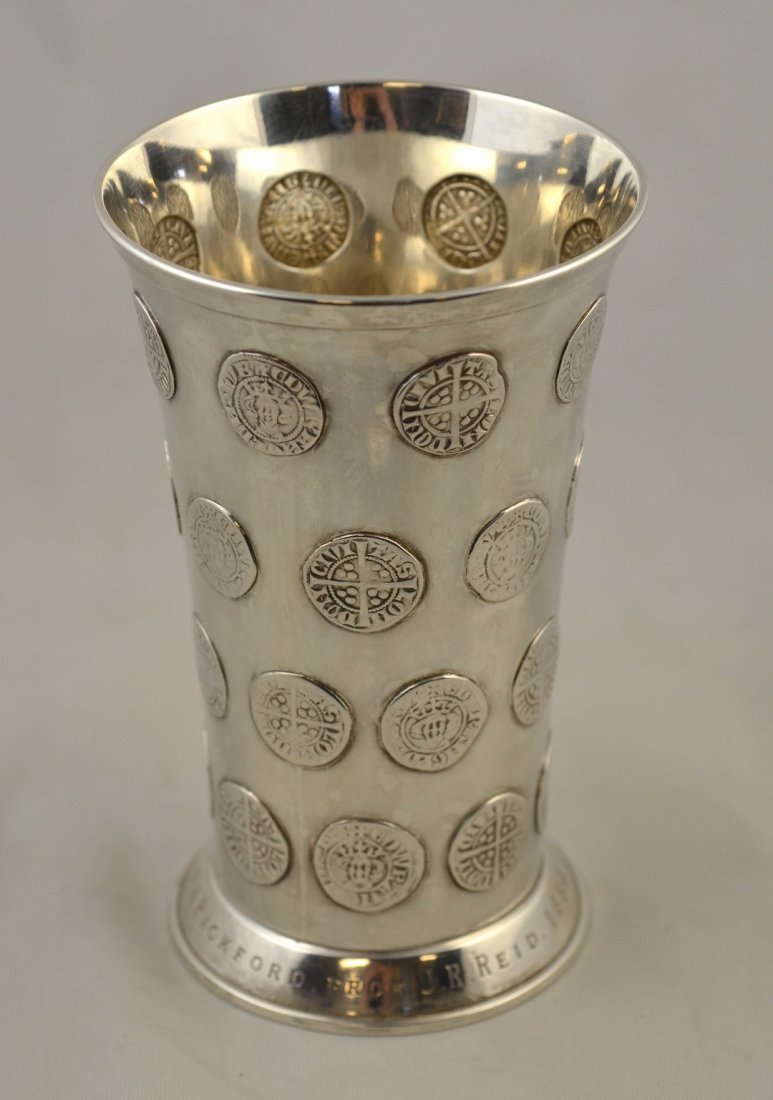Victorian Sterling Silver Coin Beaker, marks for James: Victorian Sterling Silver Coin Beaker, marks for James Barclay Hennell, London, 1883, inscribed at base "W.H. Pickford from J.R. Reid. 1884", and at bottom "This beaker weighing oz 6.10 was made to re