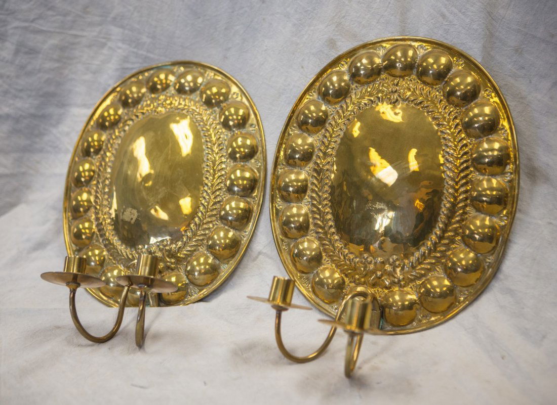 Pair of Continental oval brass sconces, each with (2) (1 of 1)