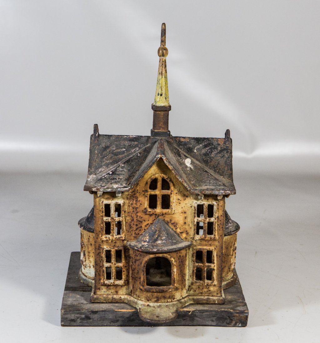 Rare cast iron bird house with wooden base, overall 16" (1 of 2)