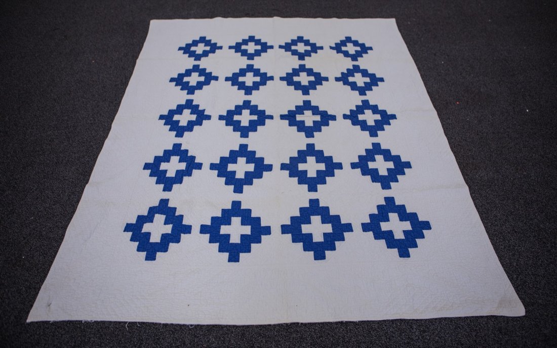 Blue blocked cross qullt with excellent quilting, 4: Blue blocked cross qullt with excellent quilting, 4 rows x 5 rows, made by Irene Himes, East Berlin, PA, 1937, as a graduation present for Annette Roberts, 6'9" x 5'7"