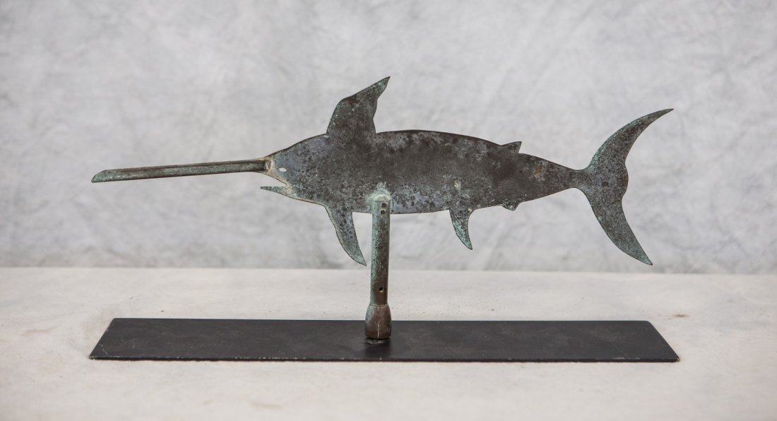 Copper swordfish weathervane on steel stand, c 1920, (1 of 2)