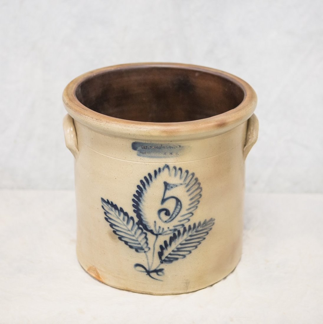 5 Gallon blue decorated stoneware crock, Burger and Co (1 of 2)