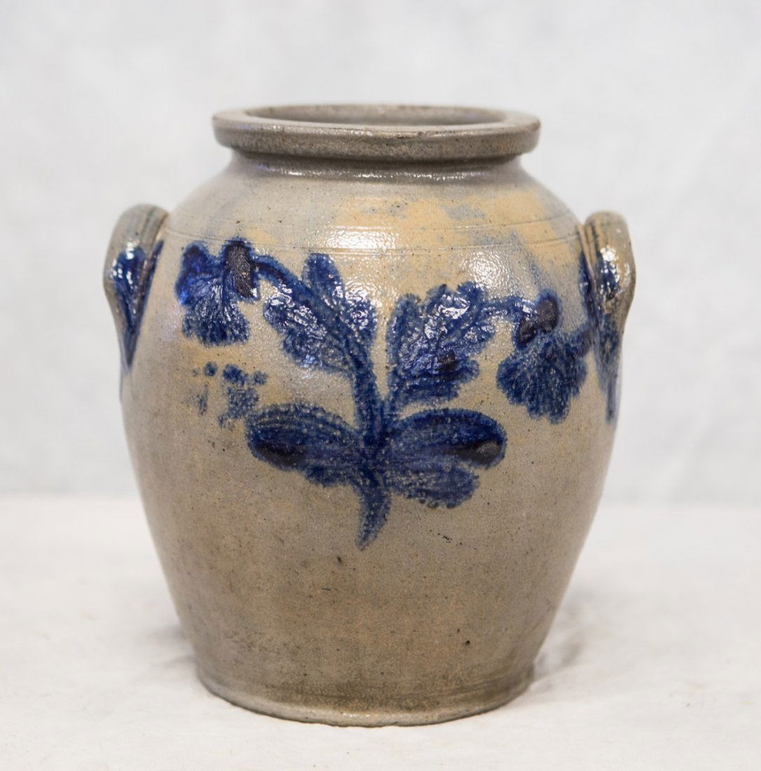 Blue floral decorated stoneware crock with ears, in the (1 of 4)