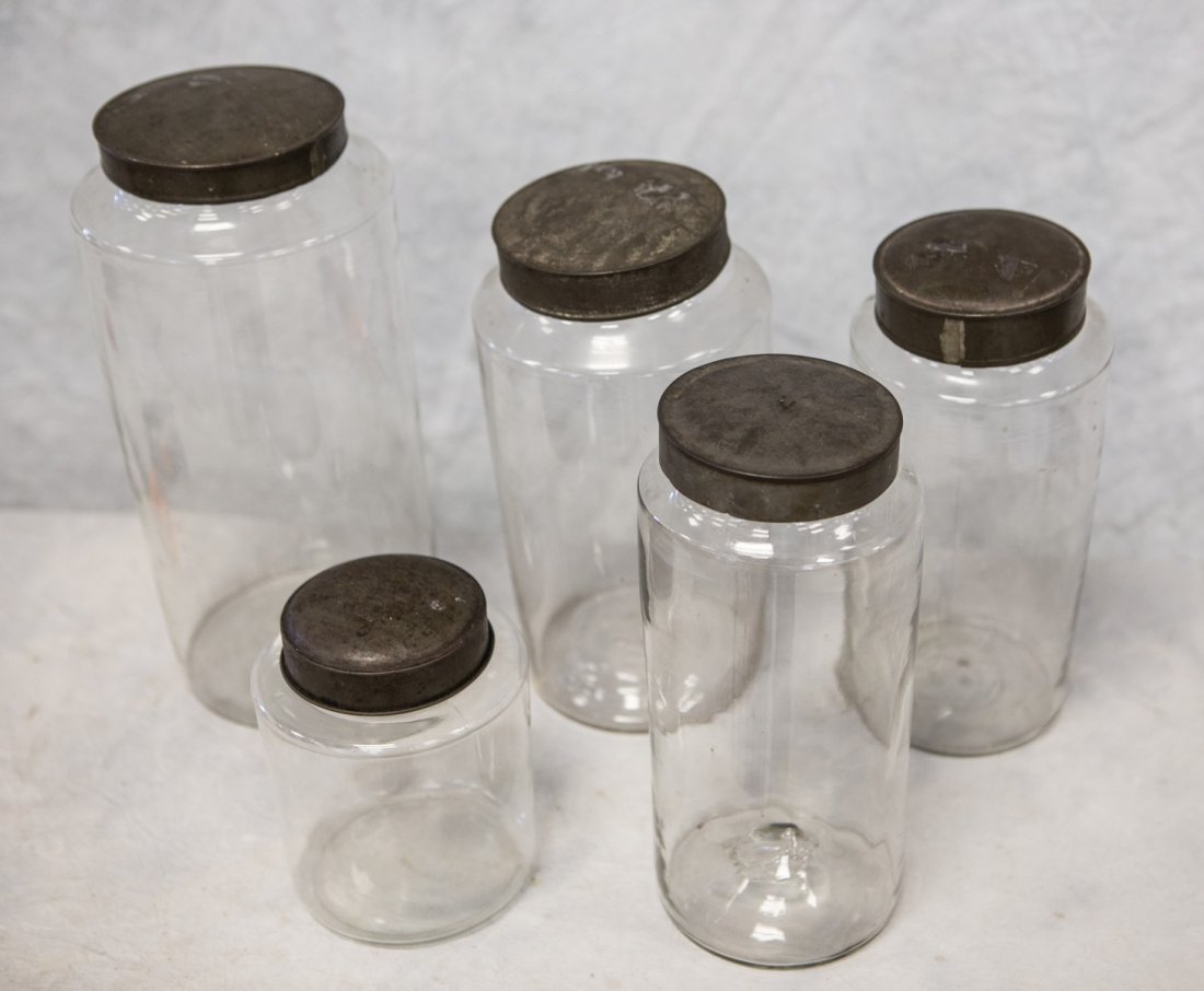 (5) Various sized apothecary Jars with tin lids, (1 of 1)