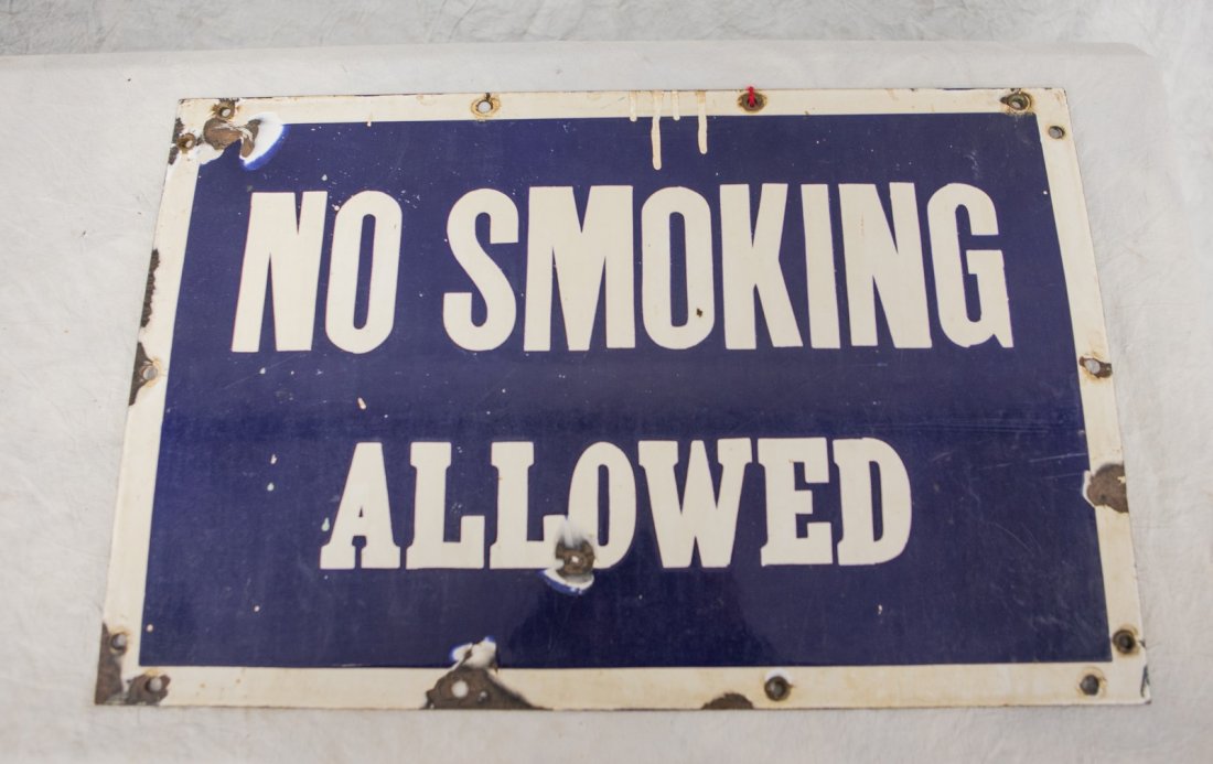 Enameled steel No Smoking Allowed Sign, bullet holes, (1 of 1)
