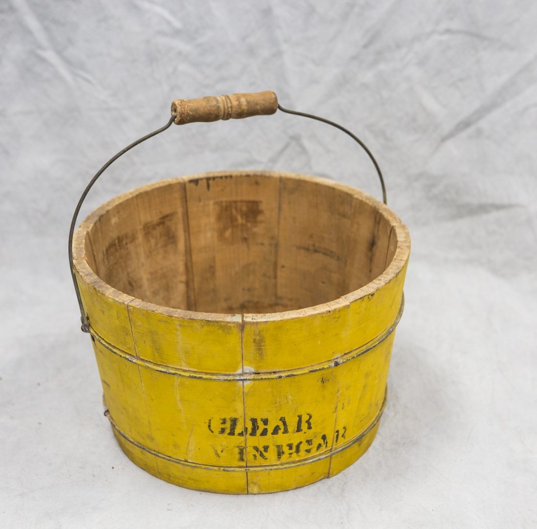 Yellow painted vinegar bucket, wire & wood swing (1 of 2)
