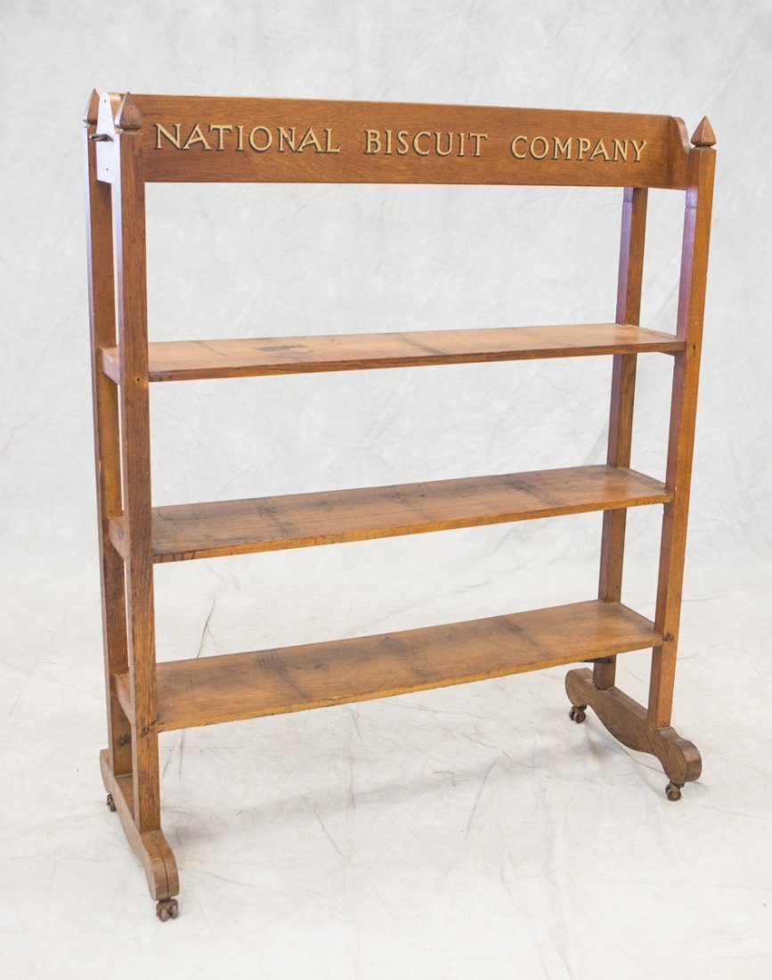 Wooden National Biscuit Display Stand, metal wheels, (1 of 4)