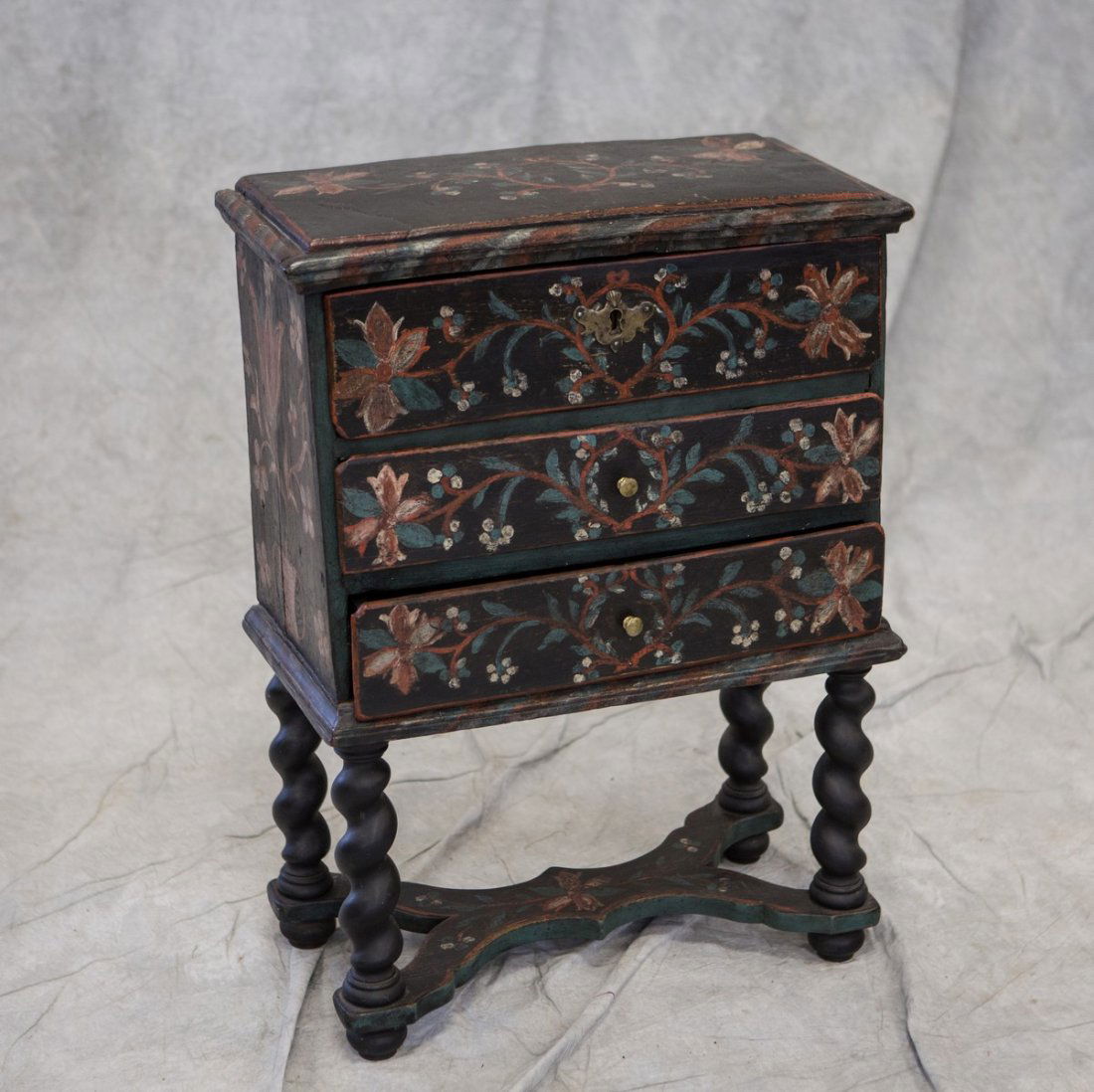 18th C 3-drawer stand, raised on spiral turned legs (1 of 3)