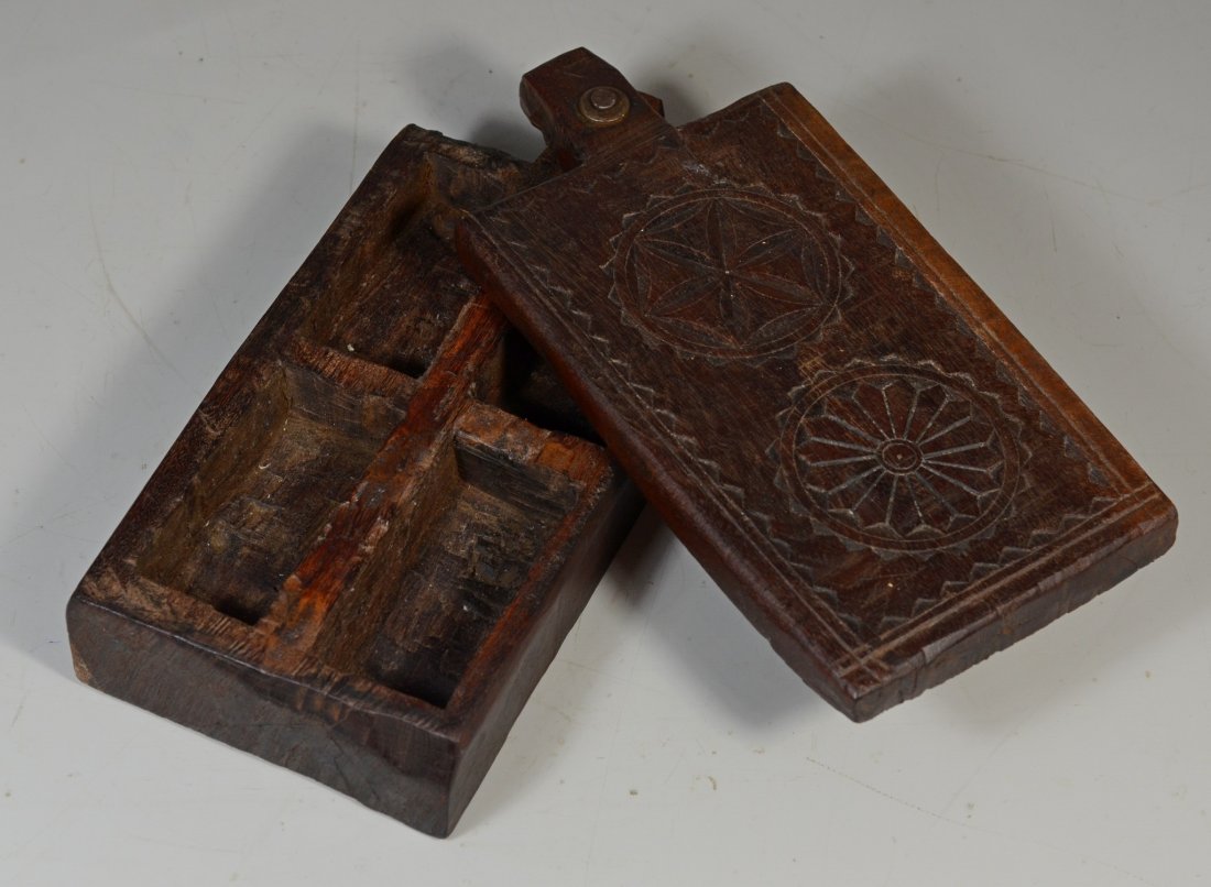 Carved wooden spice box with incised design and hinged (1 of 1)