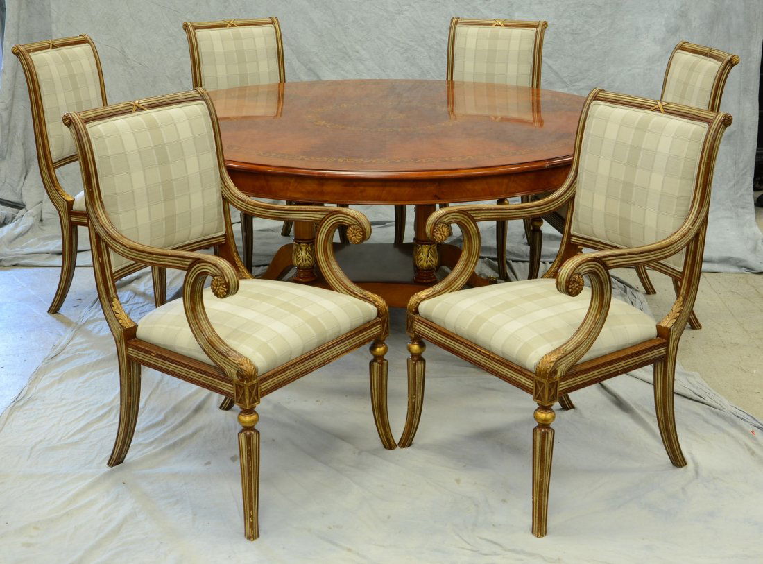 Galimberti Lino round floral inlaid dining table on 4: Galimberti Lino round floral inlaid dining table on 4 leg platform base, together with 6 Galimberti Lino dining room chairs, 4 side, 2 arm, 71" diameter, 30-1/2" h, chairs 40" h