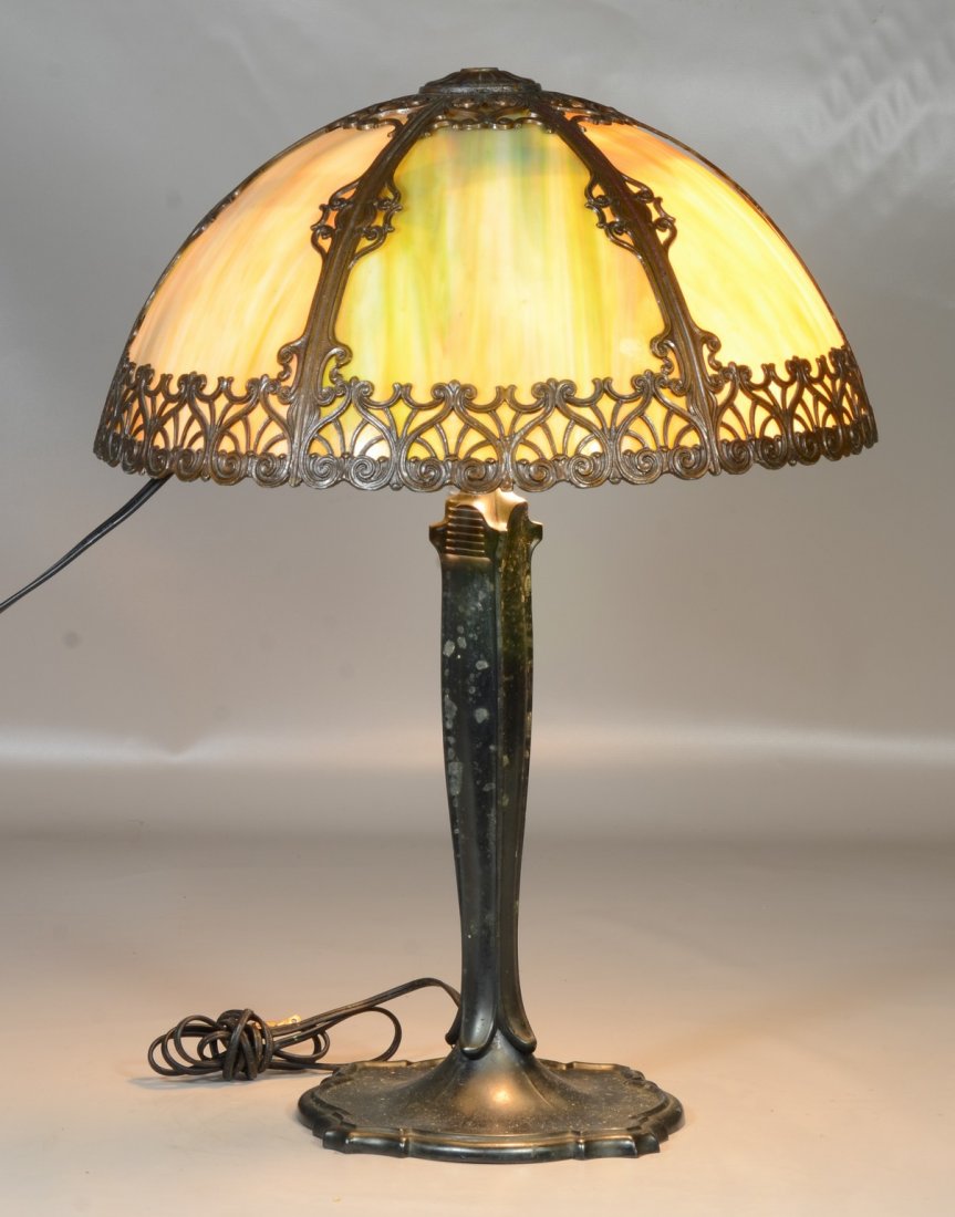 6 panel caramel and green slag glass table lamp, white (1 of 5)