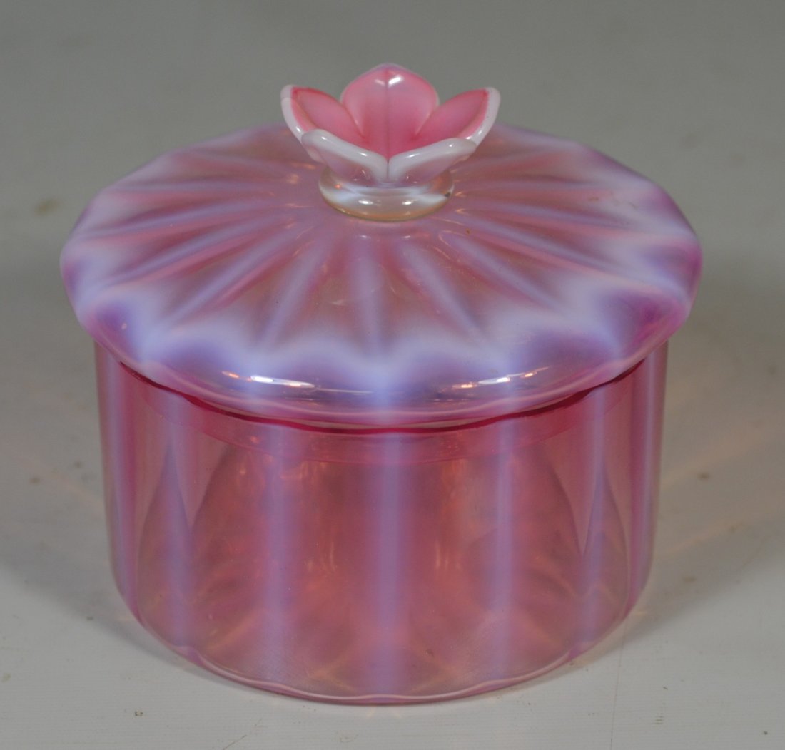 Steuben Oriental Poppy puff box, 5" d, 4" tall, (1 of 1)