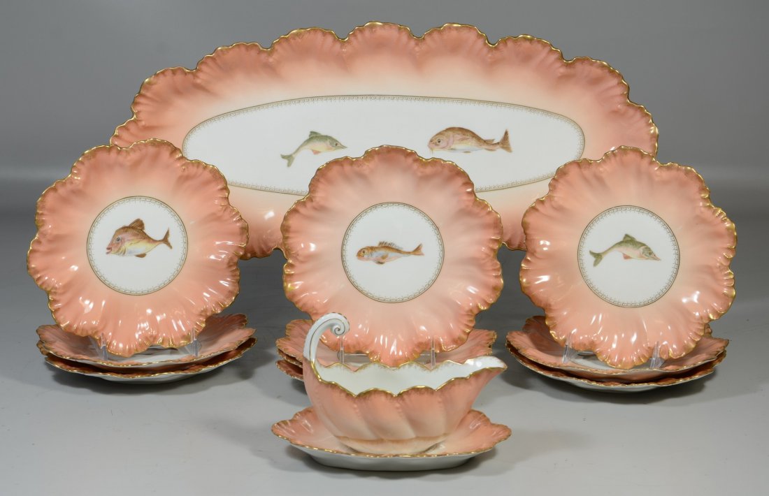 12 pc Elite Limoges porcelain fish set, salmon colored (1 of 2)