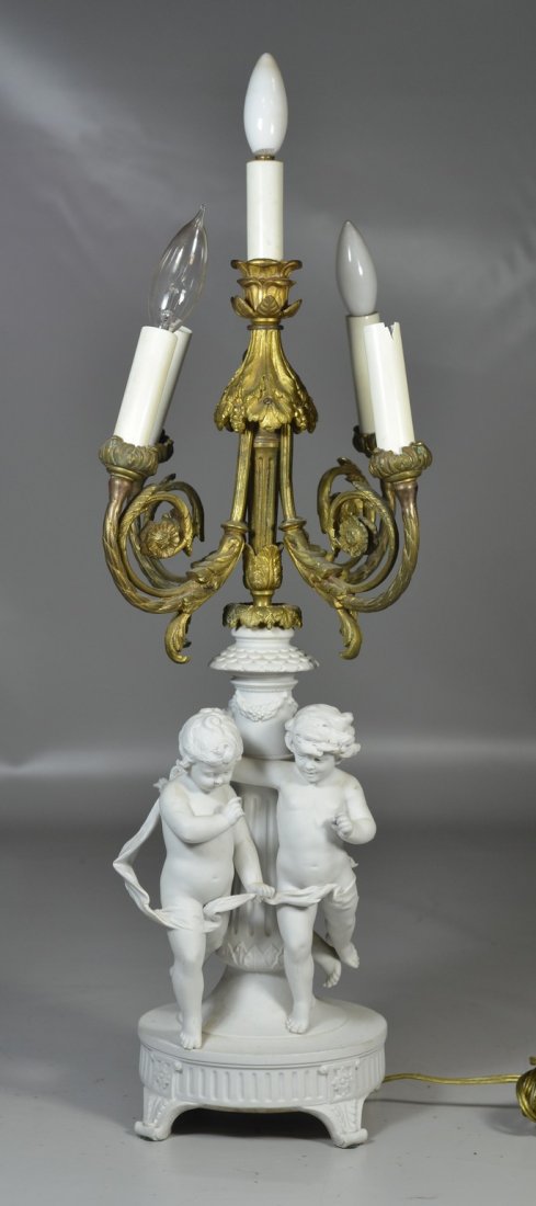 Parian porcelain figural candlestick lamp, converted to: Parian porcelain figural candlestick lamp, converted to electricity, 25" total ht