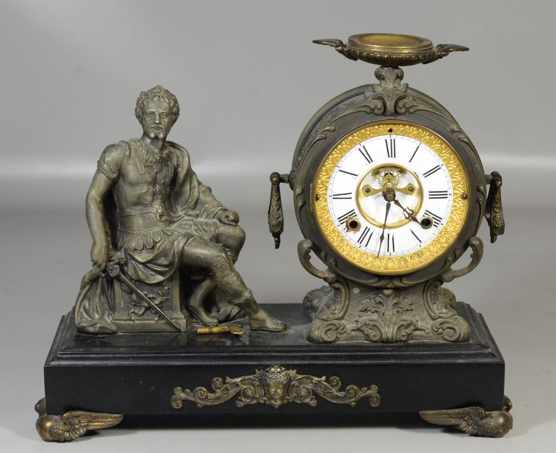 Unmarked American white metal figural shelf clock, open (1 of 5)