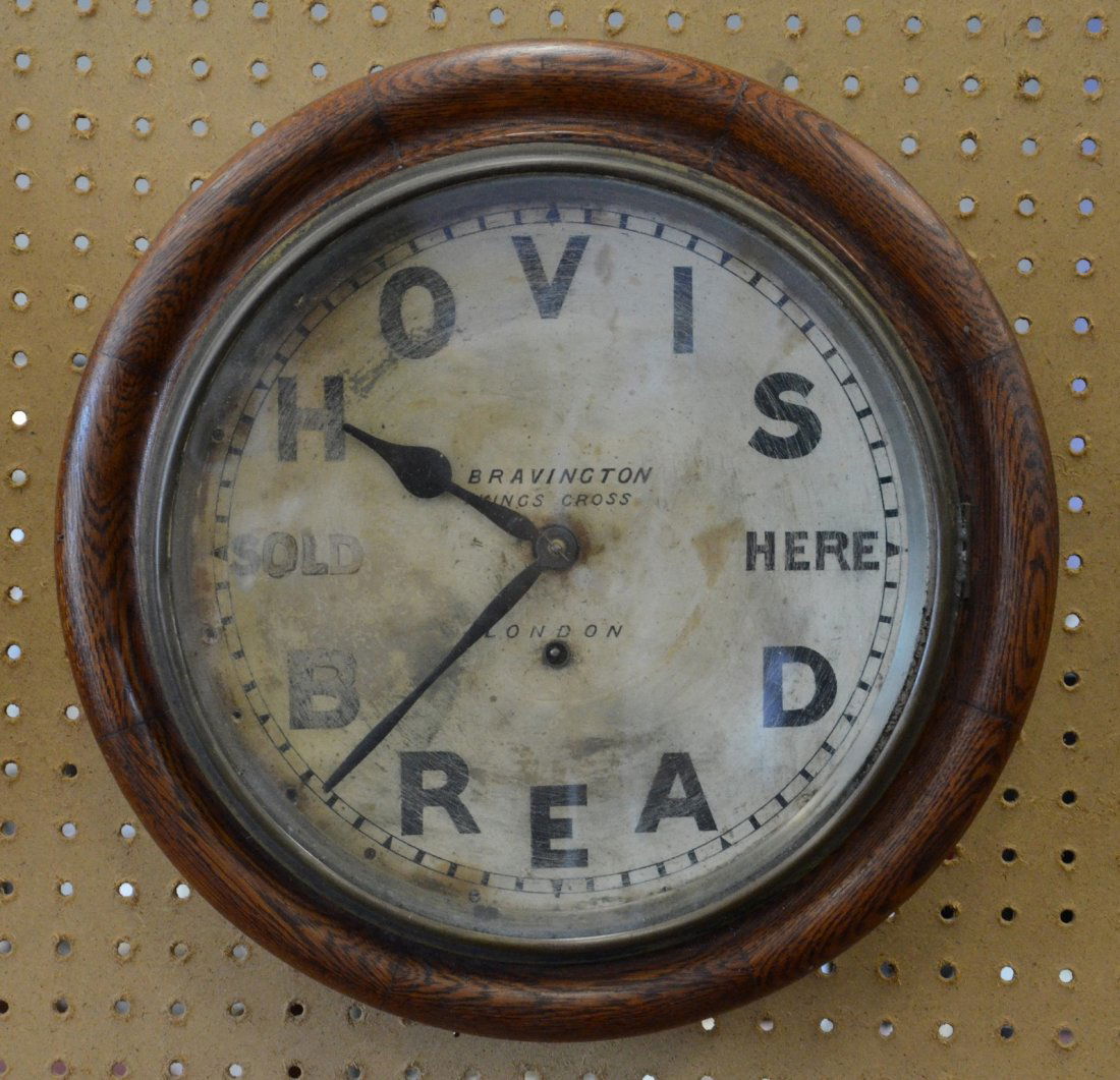 Round oak English advertising clock, "HOVIS BREAD SOLD (1 of 3)