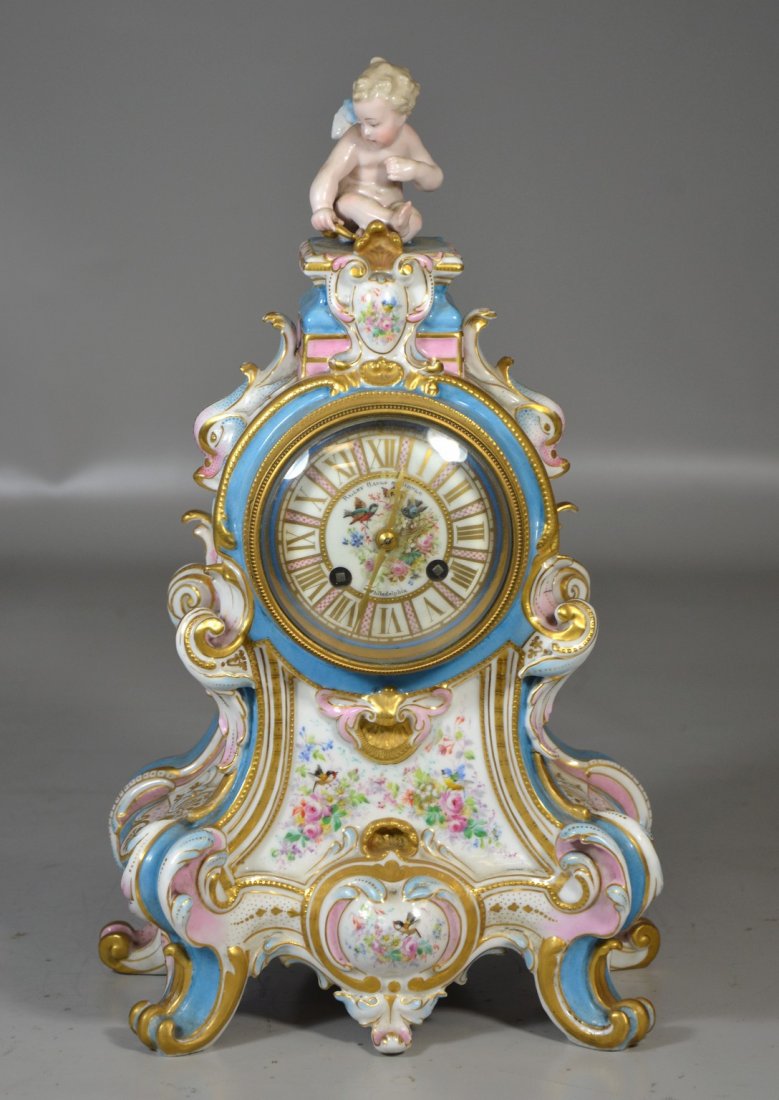 French Sevres style porcelain shelf clock, pink and (1 of 6)