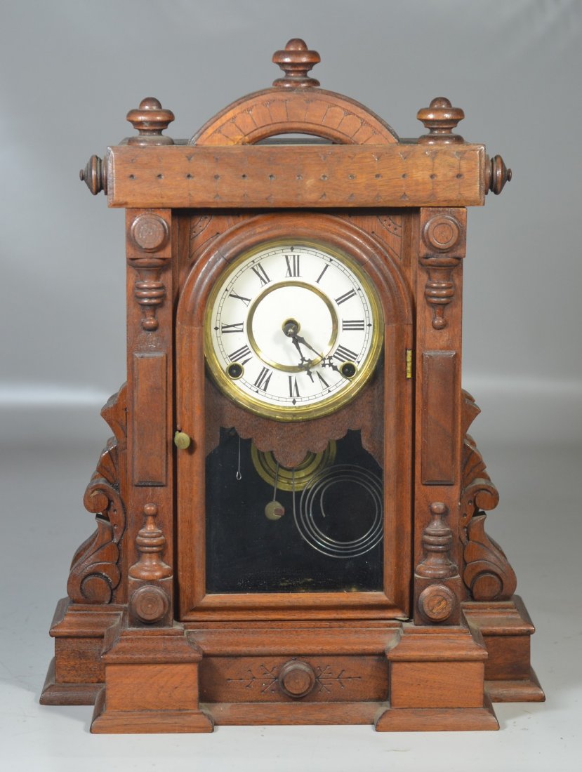 Walnut Victorian shelf clock, 18 1/2 " h, pendulum (1 of 5)