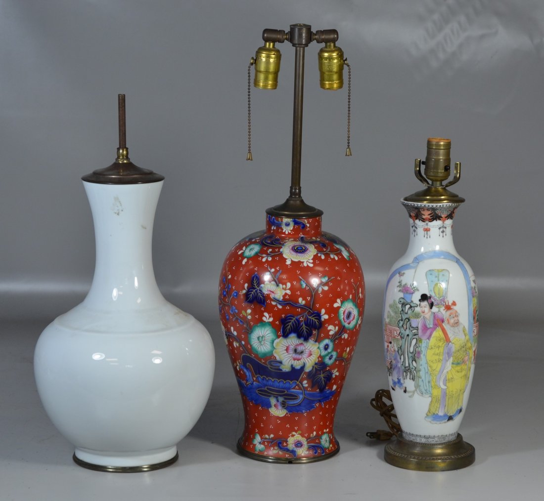 Group 3 Asian vases mounted as lamps, decorated with (1 of 3)