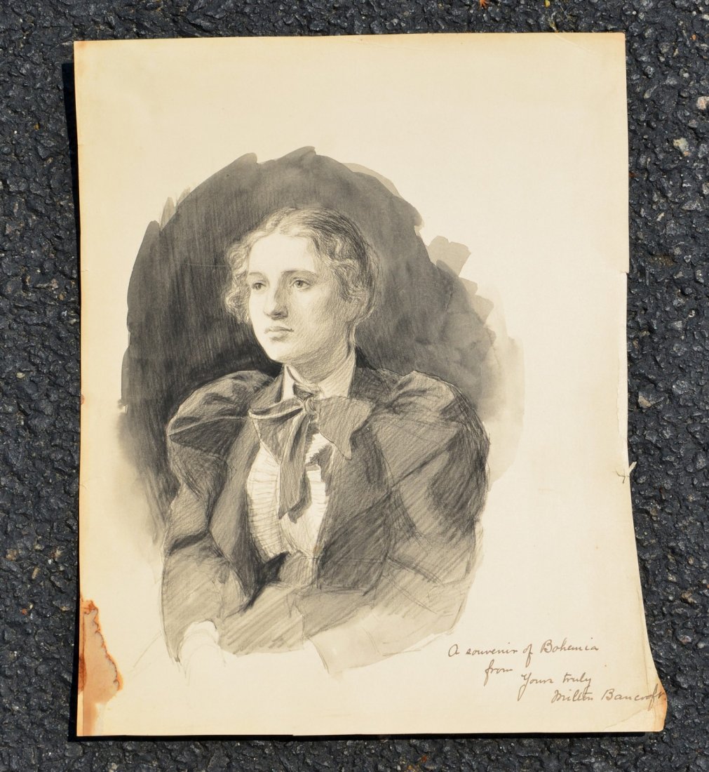 Milton Bancroft (American, 1867-1947), graphite and: Milton Bancroft (American, 1867-1947), graphite and watercolor, Portrait of Young Woman from Bohemia, signed and inscribed lower right, 11-1/4" x 8-3/4" overall, discoloration, unframed